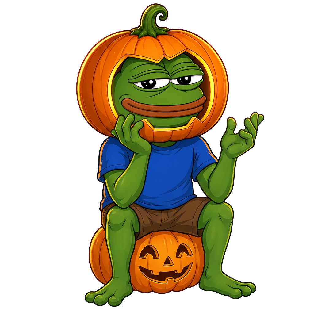 PEMPKIN mascot sitting on a jack-o'-lantern telling the story of the coin