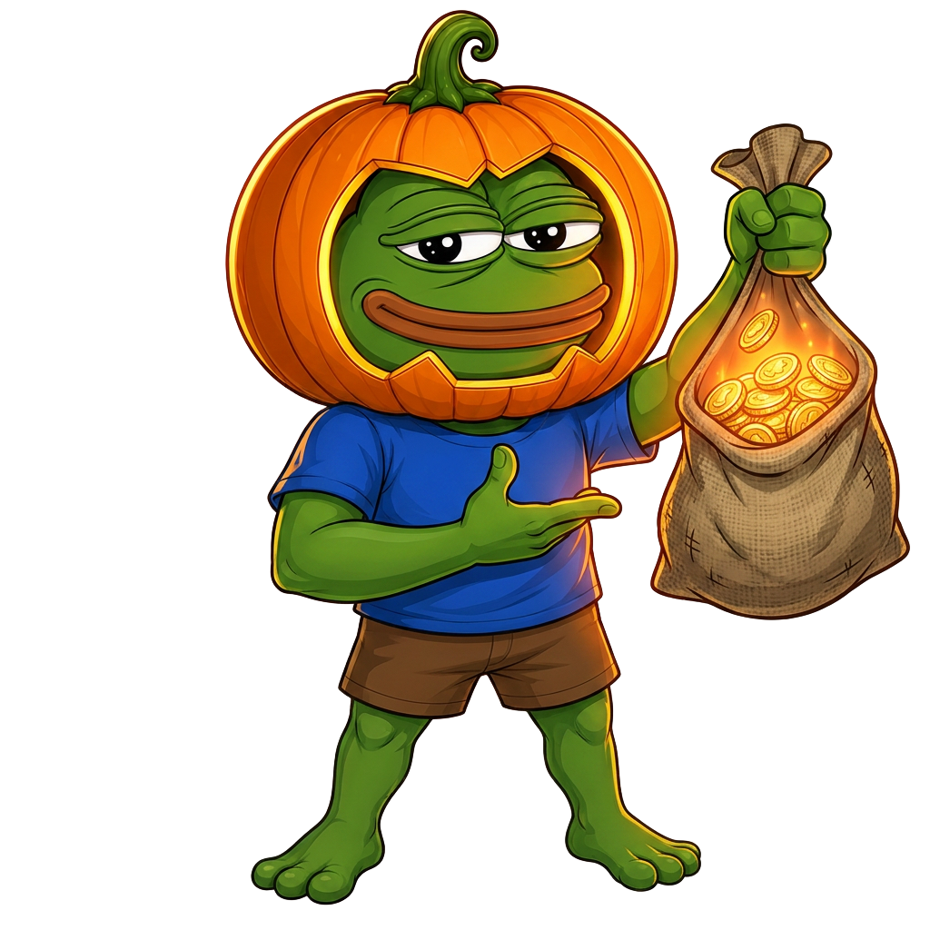 PEMPKIN mascot holding a glowing bag of coins